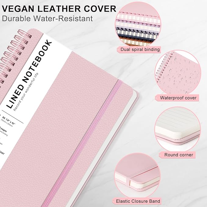 Lined Spiral Journal Notebook, B5 Hardcover Leather Notebook for Work, 7.8''×10'', 100GSM Thick Paper Spiral Bound Journaling Notebooks for Women & Men Office School Note Taking Business, Pink