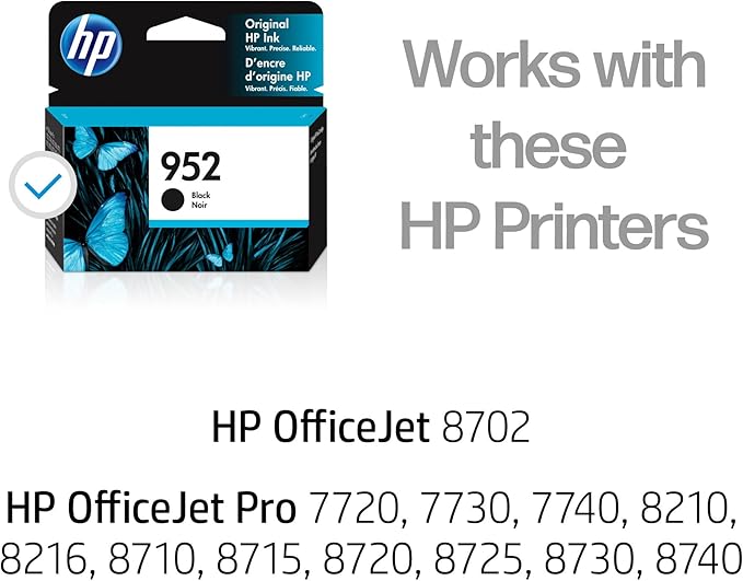 HP 952 Black Ink Cartridge | Works with HP OfficeJet 8702, HP OfficeJet Pro 7720, 7740, 8210, 8710, 8720, 8730, 8740 Series | Eligible for Instant Ink | F6U15AN