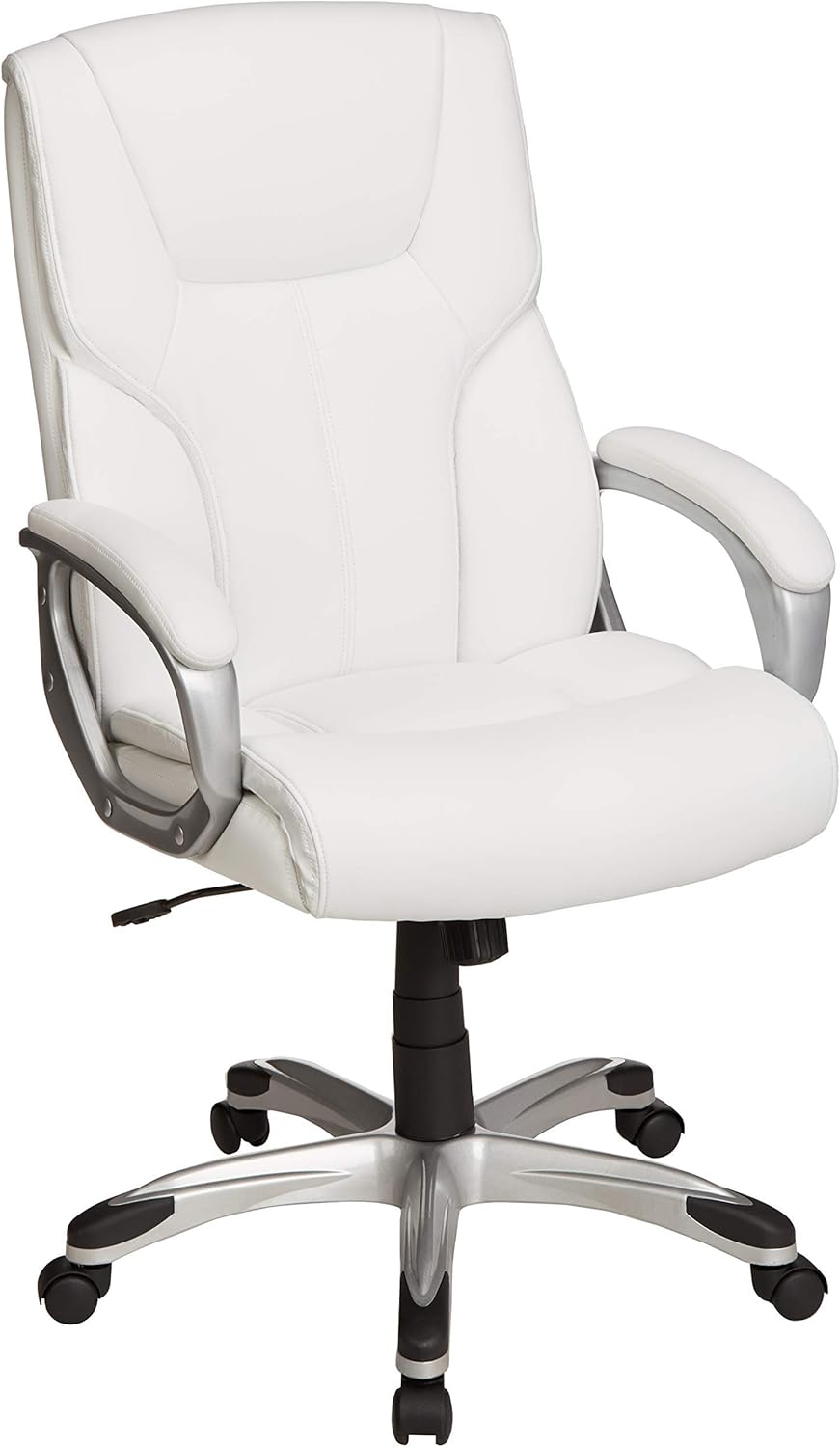 Amazon Basics Executive Home Office Desk Chair with Padded Armrests, Adjustable Height and Tilt, Rolling Swivel Chair, 275 Pound Capacity, White and Pewter