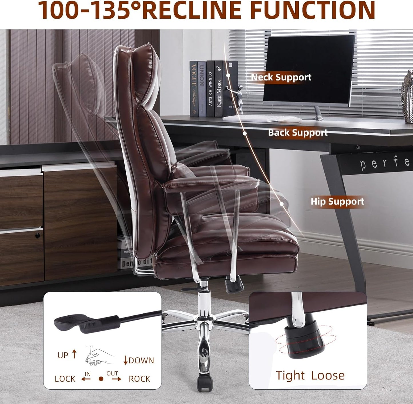 Big and Tall Office Chair 500lbs Wide Seat Executive Office Desk Chair High-Back Office Task Chair, Ergonomic Lumbar Support Computer Office Chairs for Heavy People(Brown)