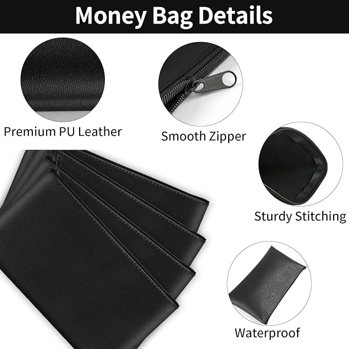 4 Pack Money Bags with Zipper, 11x6.1 Inch PU Leather Cash Pouch, Secure Bank Bag for Coins, Bills, Checks, Invoices, Cosmetics, Tools (Black)