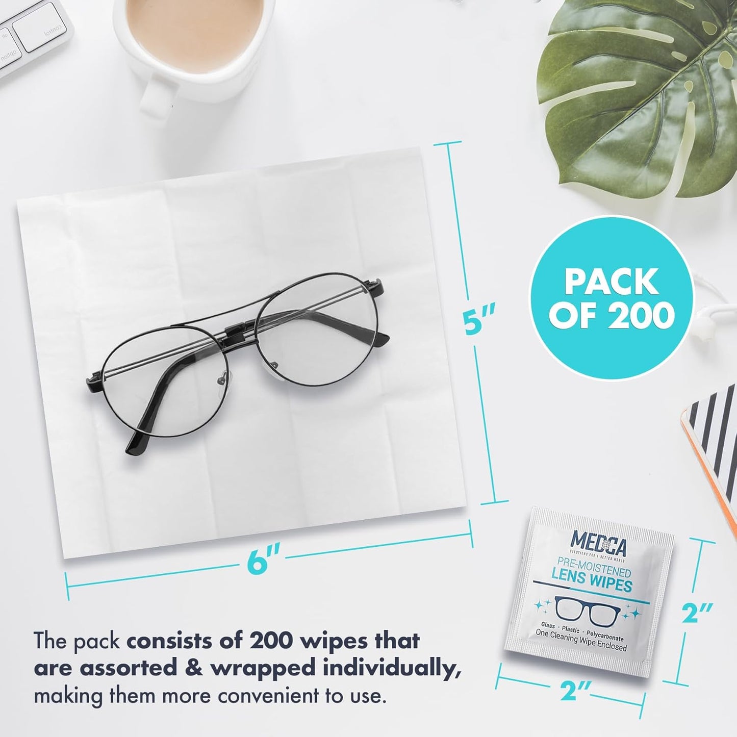 Premoistened Lens and Glass Cleaning Wipes - Portable Travel Cleaner for Glasses, Camera, Cell Phone, Smartphone, and Tablet - Disposable, Quick Drying, Streak Free - Individually Wrapped, Pack of 200