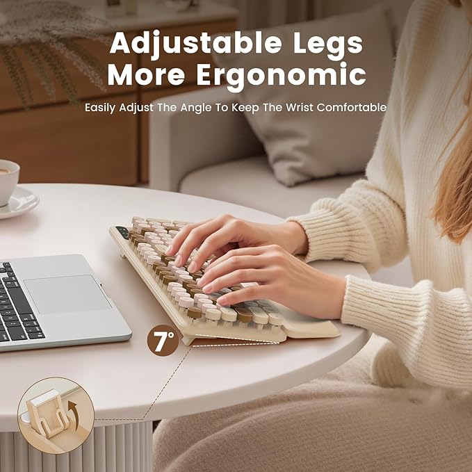 SABLUTE Wireless Keyboard, Round Keycaps, Retro Typewriter Keyboard with Detachable Wrist Rest, Sleep Mode, Foldable Legs, 2.4GHz Full-Size Cordless Computer Keyboard for Windows/PC/Laptop (Latte)