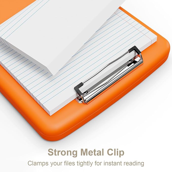 Piasoenc Clipboard with Storage, 8.5 x 11 Organization Box with Pen Holder and A4 Legal Paper Folder, Heavy Duty Plastic, Folio & Side-Opening, Low Profile Clip, for Nurses, Teachers, Orange