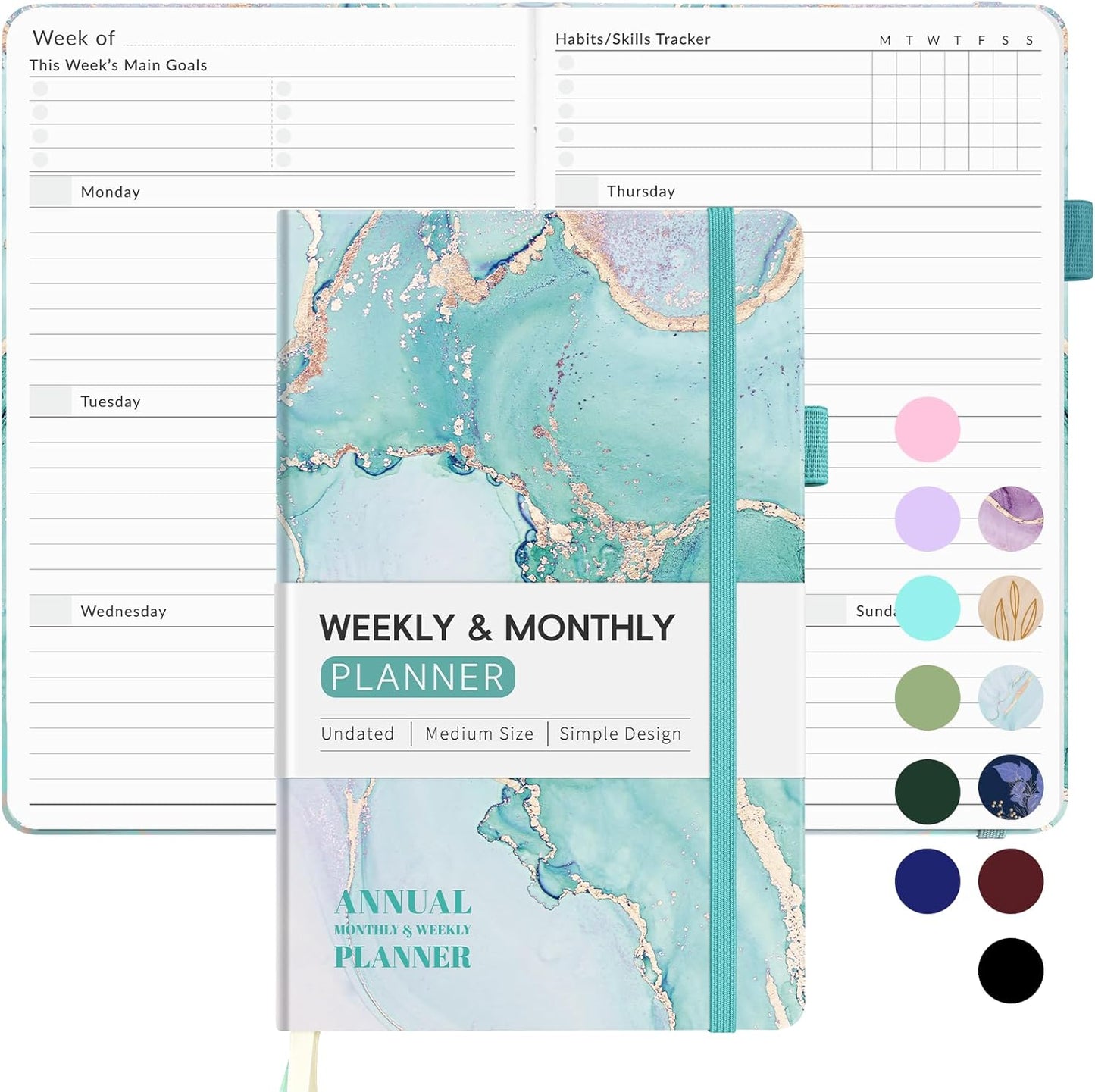 Undated Weekly Planner for 2025, Forvencer Simplified Weekly & Monthly Calendar Planner, Cute Daily Organizer Notebook, Agenda Journal to Track Goals & Tasks, Start Anytime, A5 Size, Teal Marble