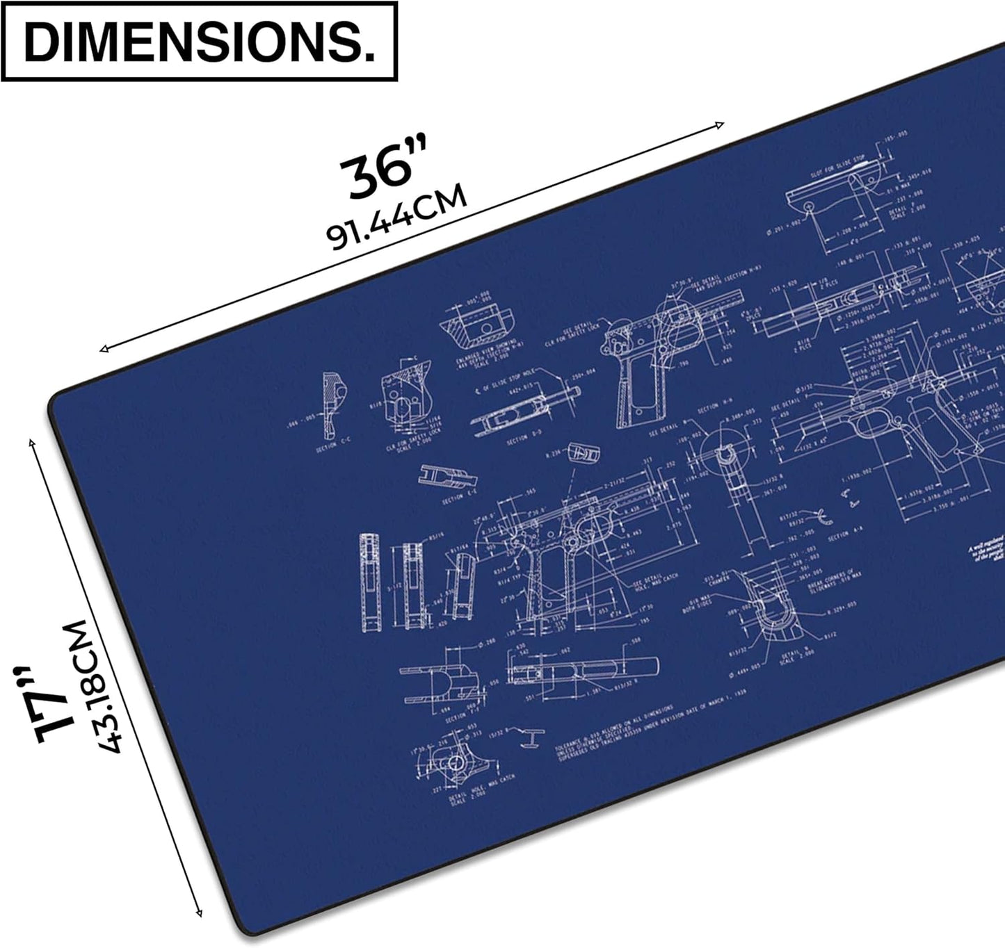 MPCO. Blueprints Large Gaming Desk Pad - 36" x 17" Duraglyde Fabric Browning 1911 – Blue Desk Mats - Non-Slip, Washable, Smooth Glide for Precision Gaming & Work