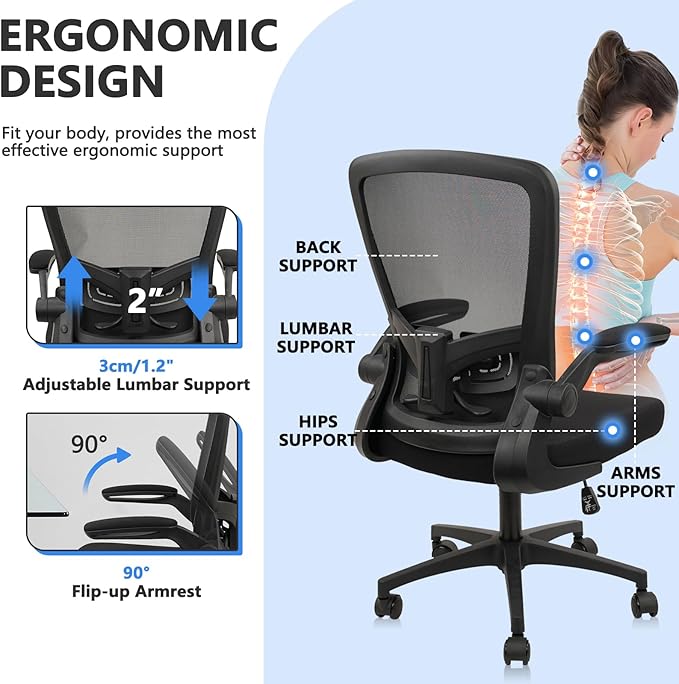 Office Desk Chairs with Wheels, Ergonomic Mesh Chair with Adjustable Height Lumbar Support, Rolling Swivel Computer Task Chair with Flip Up Armrests for Home, Study, Conference, Black (12PK)