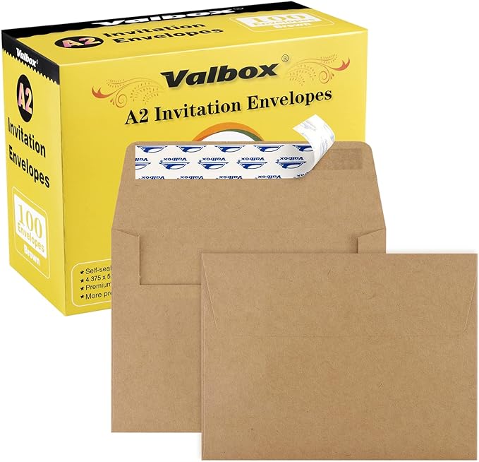 ValBox A2 Invitation Envelopes 100 Qty 4.375x5.75" Brown Kraft Envelopes Self Seal for Invitations, Photos, Wedding, Announcements, Thank you Notes, RSVP, Greeting Cards | 4-3/8 x 5-3/4 Inches(A2)