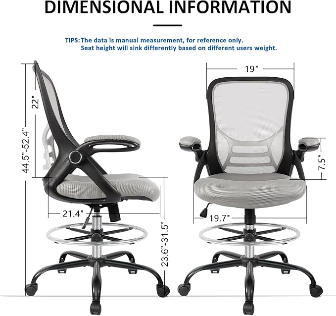 HYLONE Drafting Chair, Tall Office Chair Standing Desk Chair Grey Mesh High-Back Drafting Stool with Flip-Up Arms, Adjustable Foot Ring