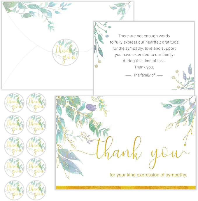 50 Pack Funeral Thank You Cards with Envelopes & Stickers, Watercolor Thank You Sympathy Cards for Funeral with Meaningful Message, Bereavement Card for Memorial Service, Funeral
