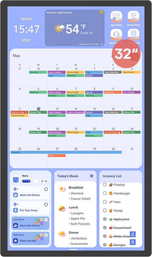 Digital Calendar+ 2: 32 Inch Wall Touch Screen Chore Chart Customize Dashboard Smart Electronic Calendar for Family Schedules Meal Planner Supports All Google Play Apps Wall Mount Black
