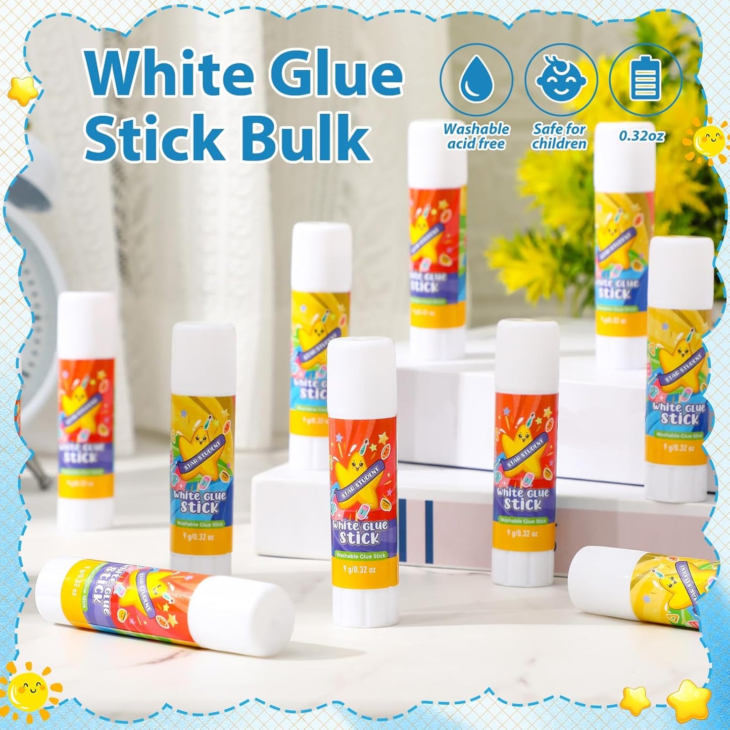 Zubebe 200 Pcs White Glue Stick Bulk Back to School Gifts First Day Sets 0.32 oz Washable Glue Stick for Crafts Home Classroom Prize Party Supplies Scrapbooking Crafting Supplies (Star)