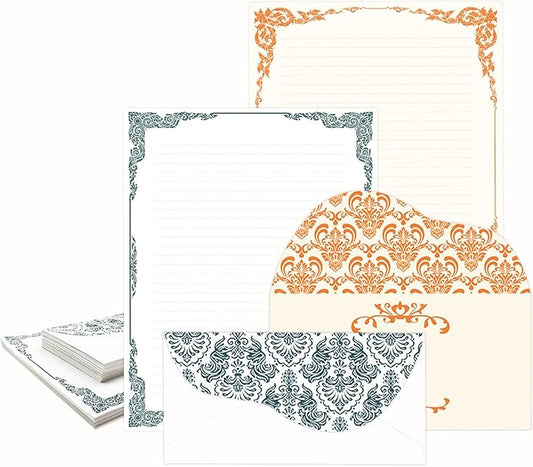 Anzon Mories 96 Piece Stationary Set (64 Sheet Paper and 32 Envelope) Both Side Line Vintage Ivory Lace pattern 2 Color Navy Orange Gold border Stationery Letter Writing Paper 8.5 x 11 In College Rule