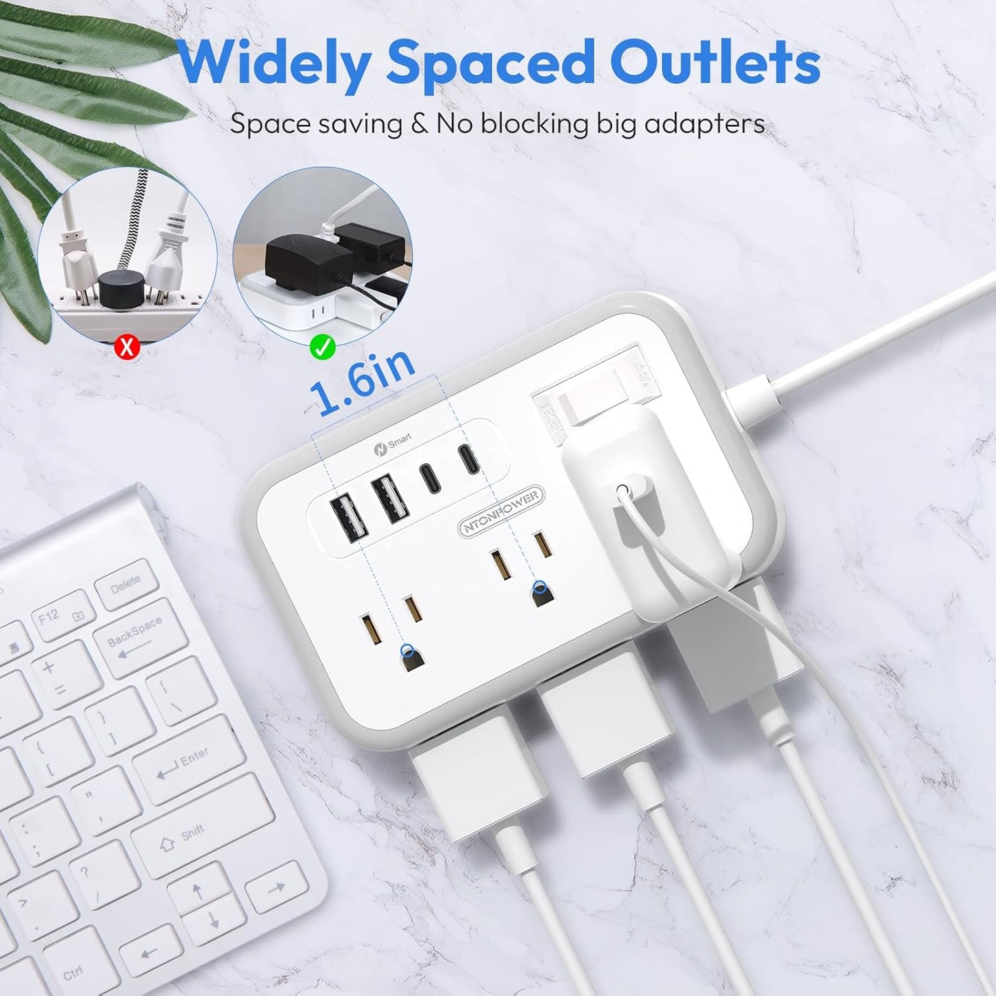 Flat Plug Extension Cord 25 ft, Surge Protector Power Strip, Outlet Extender with 6 Outlets 4 USB Ports, Overload Protection, Long Extension Cord with Multiple Outlets for Indoor, Home, Office, White