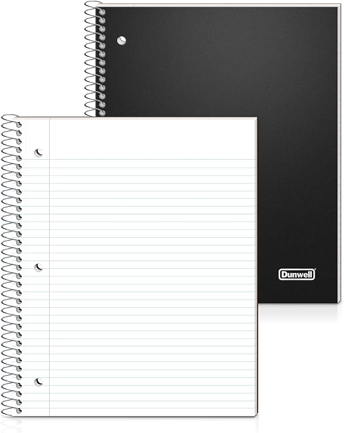 Dunwell College Ruled 1 Subject Notebook, 80 Sheets, Spiral Notebook with 8.5 x 11 Paper, Protective Plastic Cover, Divider with Pockets, Perforated Pages, 3-Hole Punched