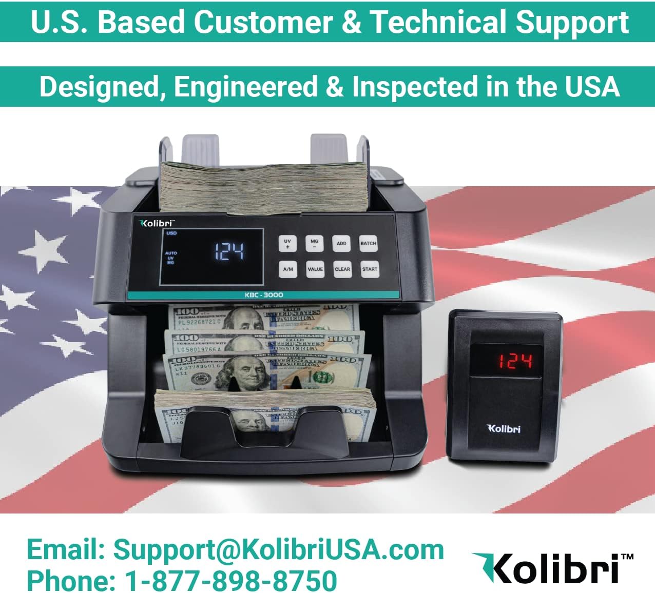 Kolibri KBC-3000 Money Counter with UV/IR Counterfeit Detection – Top Loading Bill Counting Machine w/ValuCount™, Add and Batch Modes – Fast Counting Speed 1,200 Notes/Min