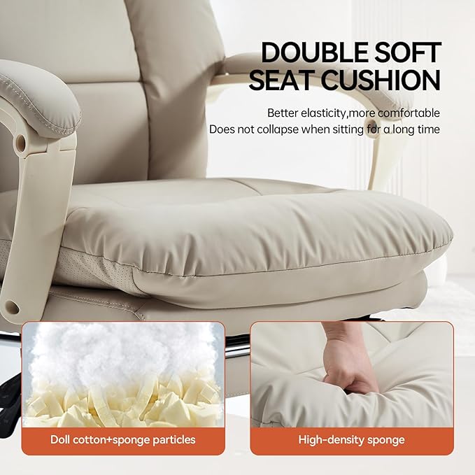 EMIAH Office Chair with Foot Rest, Ergonomic Executive Office Chair with Arms, Reclining High Back PU Leather Comfy Swivel Computer Desk Chairs with Wheels and Lumbar Support for Home Office, Beige