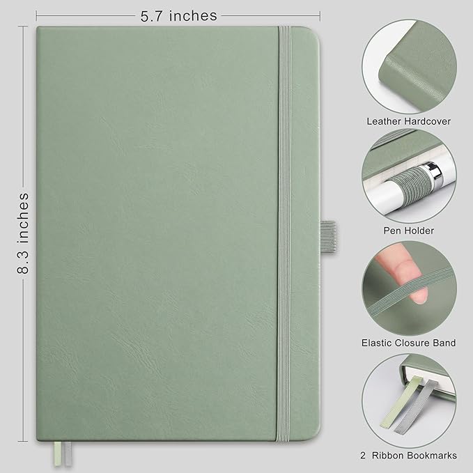 RETTACY Blank Journal Notebook, 192 Pages, A5 Medium Size (5.7'' x 8.3''), Leather Hardcover, 100 GSM Thick Paper, for Sketching, Drawing, Painting (Sage Green)