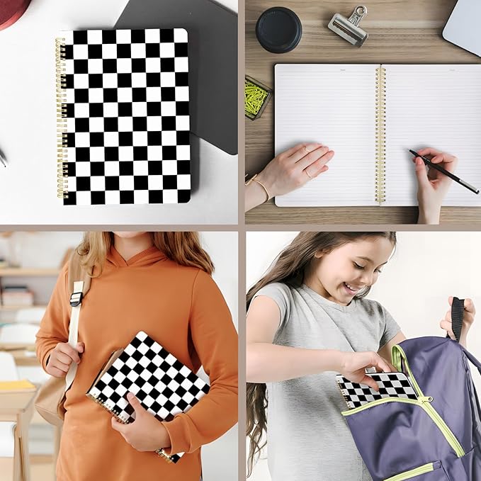 Cute Spiral Notebook journal A4 Aesthetic Pretty Design for Women Girls Kawaii with Pocket, 8.5 x 11 inch, Lined, Black Plaid