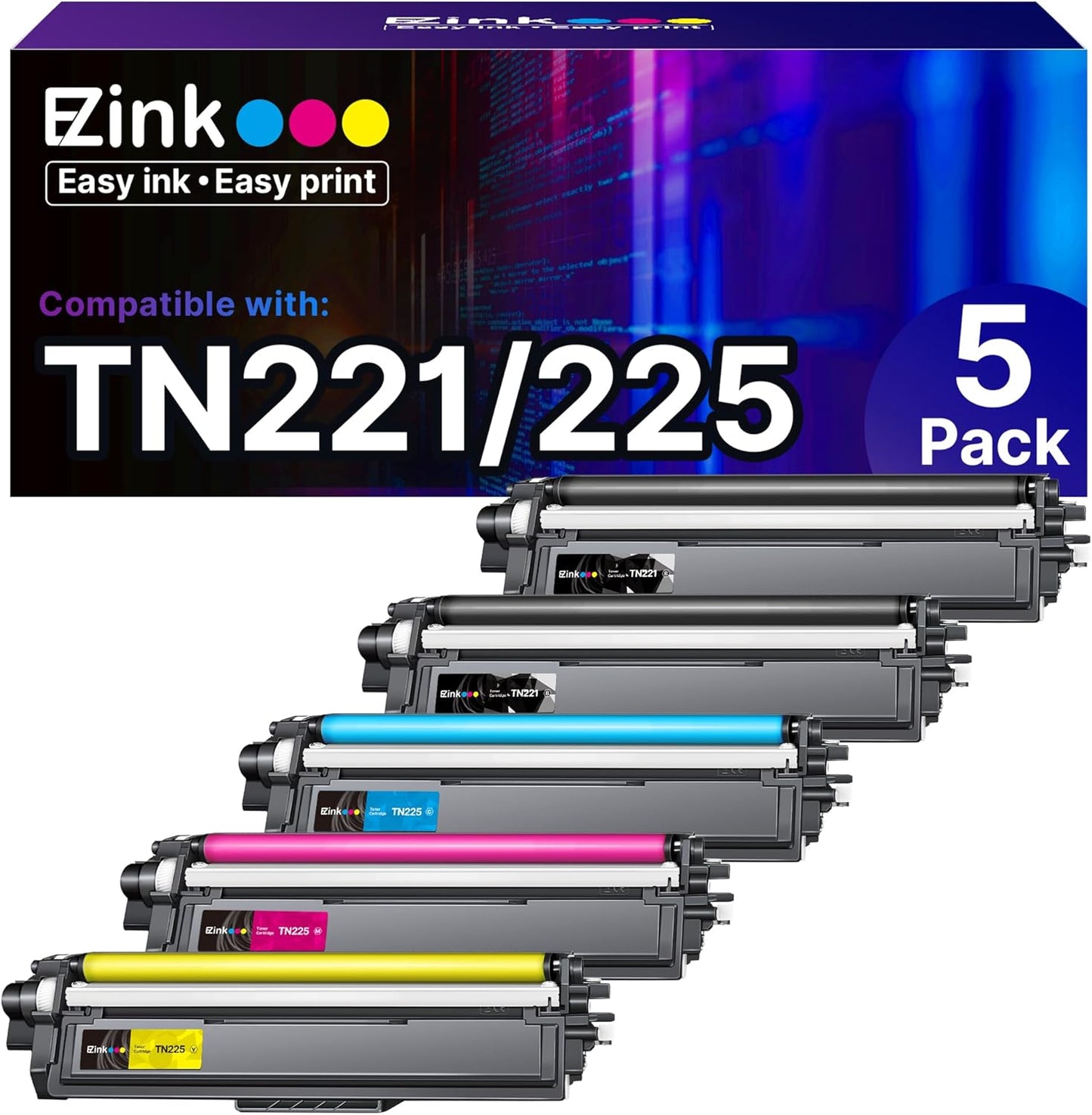 E-Z Ink Compatible TN221 TN225 Toner Cartridge Replacement for Brother TN-221 TN-225 to Use with MFC-9130CW HL-3170CDW MFC-9340CDW HL-3140CW MFC-9330CDW (2 Black 1 Cyan 1 Magenta 1 Yellow, 5 Pack)