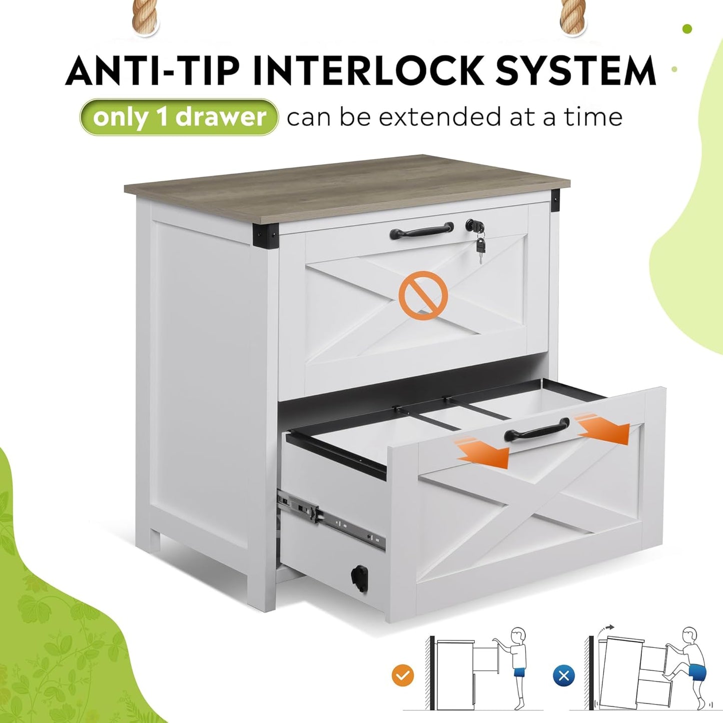 DEVAISE 2 Drawer Farmhouse File Cabinet with Lock, Lateral Filing Cabinet for Letter/Legal/A4 Size, Wood Printer Stand for Home Office, White