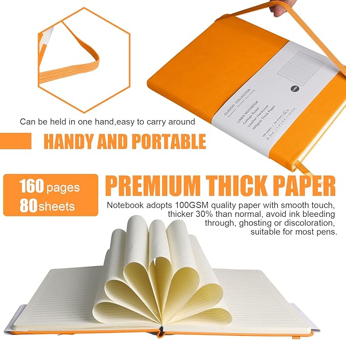 Lined Journal Notebook, 6Pack(Orange), 160 Pages, Medium 5.7 inches x 8 inches - 100 gsm Thick Paper, Hardcover