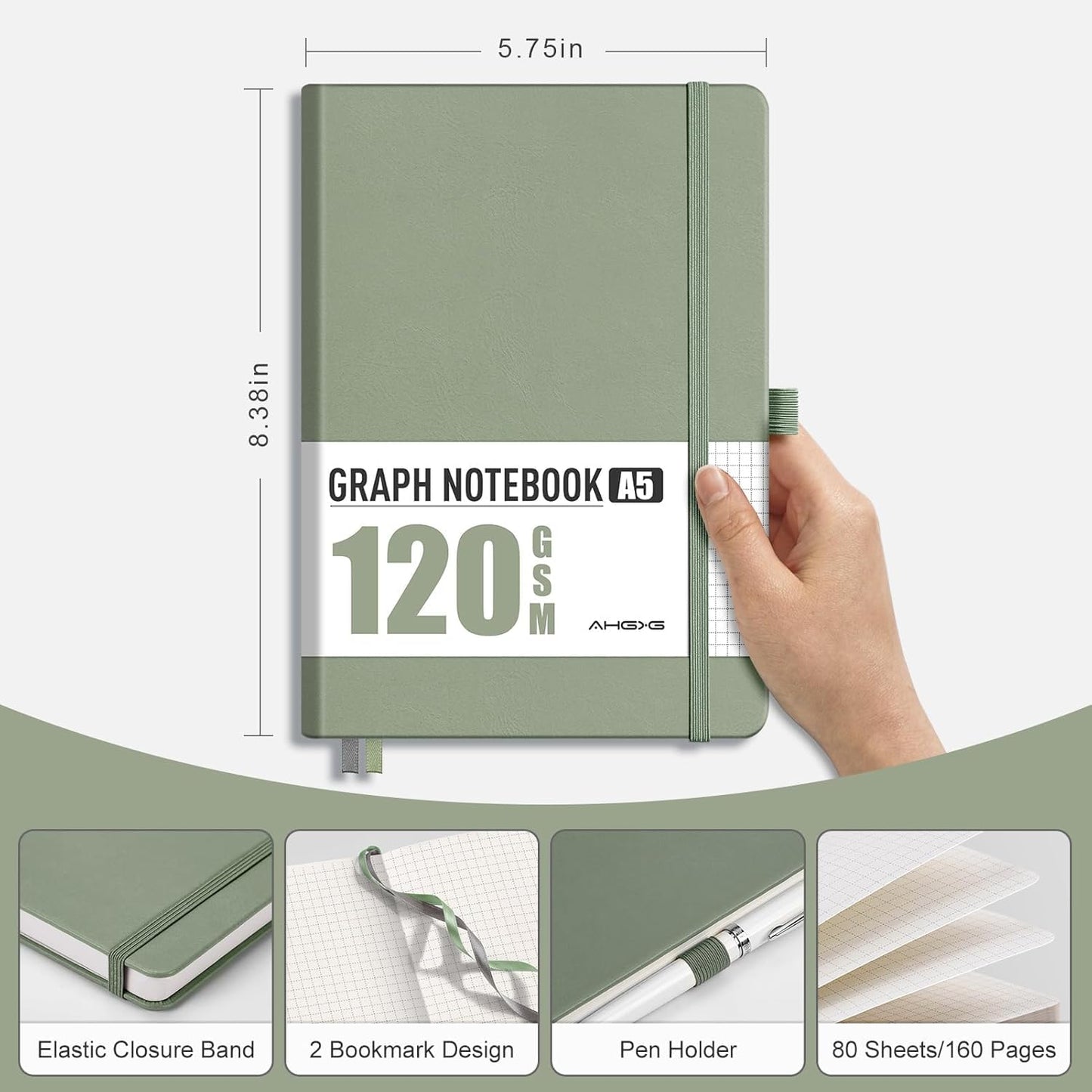 AHGXG Graph Paper Notebook - Grid Notebook Journal A5, 120 GSM Thick Graph Paper, 160 Pages, Leather Hardcover, for Graphing, Writing, Math, Engineering, 5.75'' × 8.38''- Sage Green