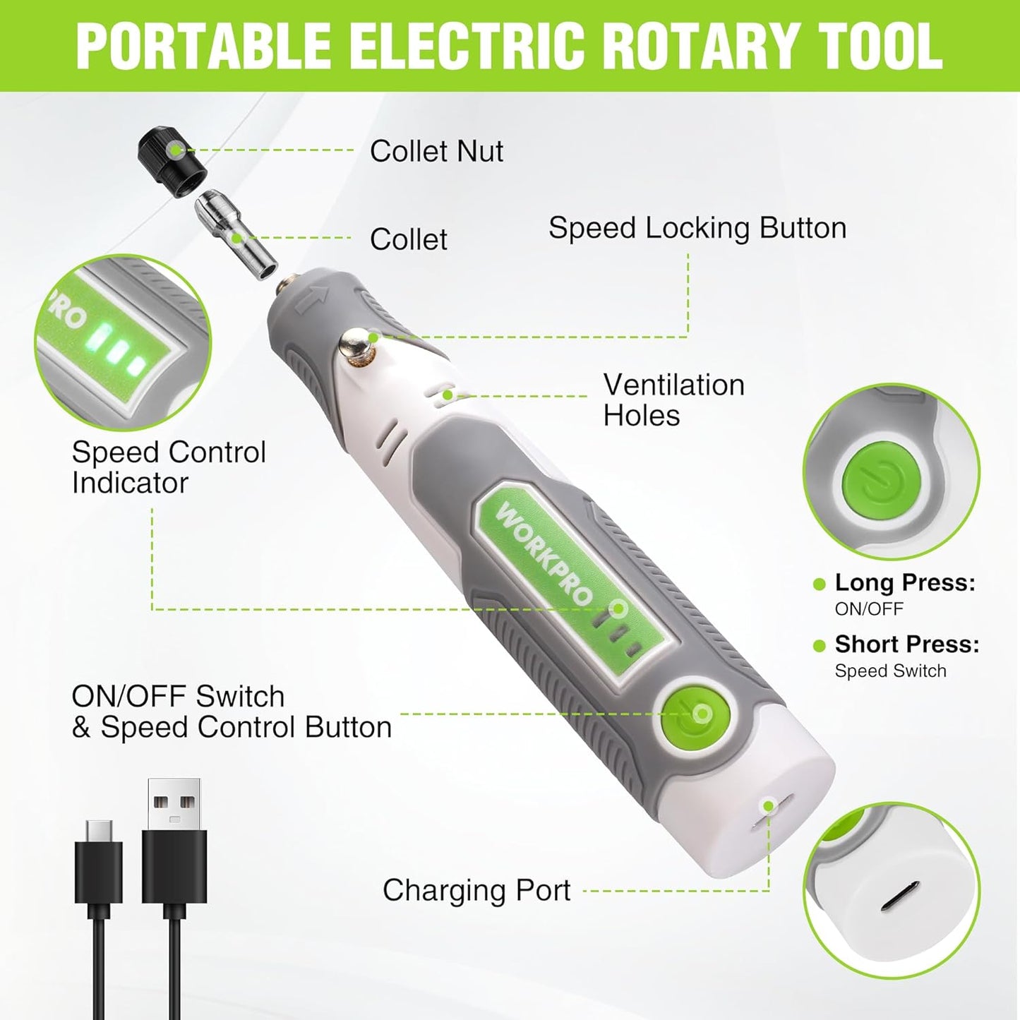 WORKPRO Cordless Rotary Tool Kit with 71pcs Accessories, 3 Variable Speeds, USB Rechargeable Mini Rotary Tool for Engraving, Sanding, Polishing, Carving, Cutting, DIY Crafts