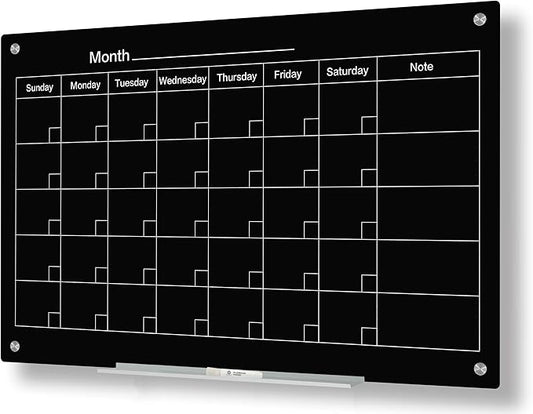 J&J worldwide Magnetic Whiteboard Calendar, 3' x 2' Blsck Glass Wall Calendar Dry Erase Board Monthly Planner for Home, School, Office, Frameless, with Markers, Marker Tray, Eraser, Magnets