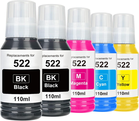522 High Capacity Ink Refill Bottles Combo Pack Remanufactured for Epson 522 EcoTank Ink Works with EcoTank ET-2400, ET-2720, ET-2800, ET-2803, ET-2840 (5 Pack,550ML, Not Sublimation Ink)