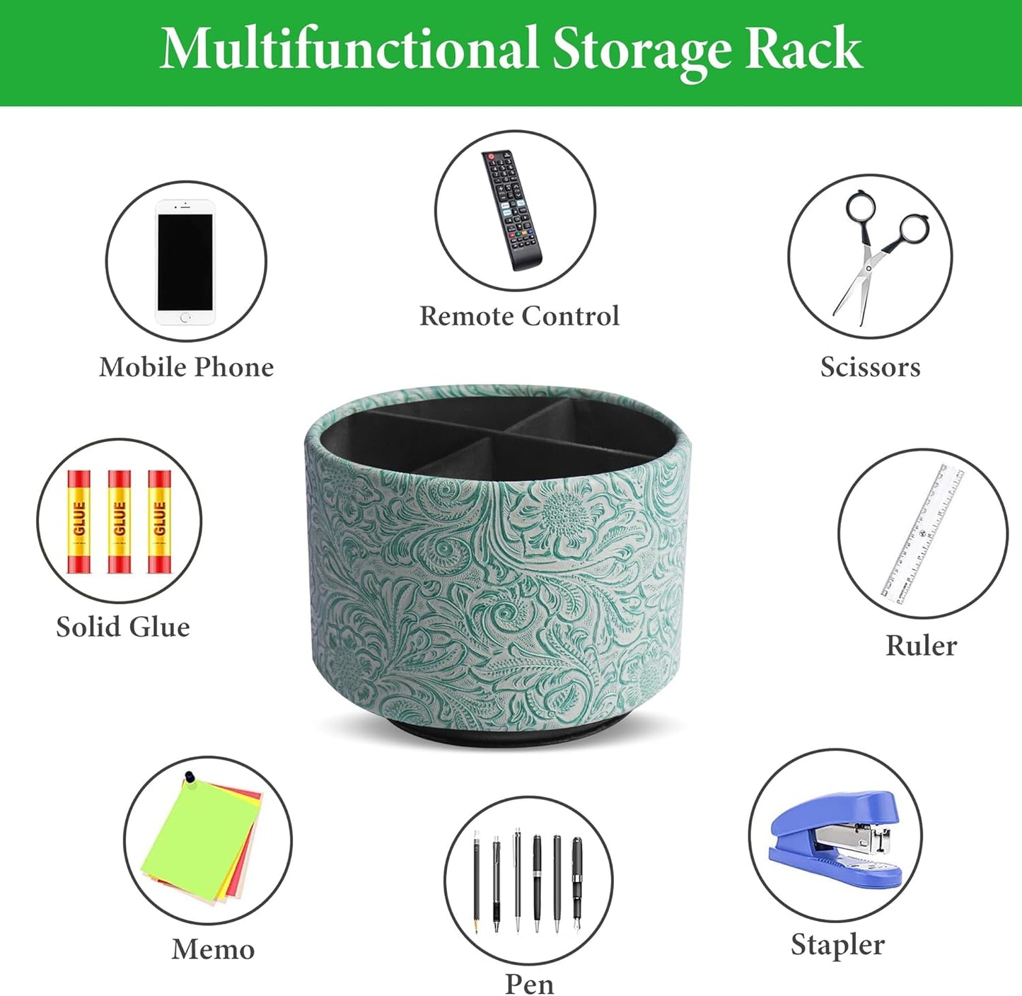 lizimandu Round Leather Art Supply Organizer,Remote Control Holder,360 Degree Spinning,Multi-Functional Pencil Holder,4 Compartments Desktop Stationary Organizer(1-Carved Stone Green)