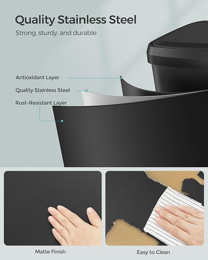 SONGMICS Kitchen Trash Can, 13 Gallon (50 L) Stainless Steel Garbage Can, with Stay-Open Lid and Step-on Pedal, Soft Closure, Tall, Large and Space-Saving, Black ULTB530B50