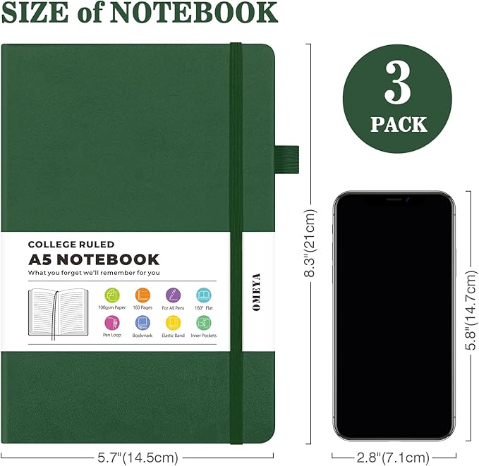Lined Journal Notebook, 3 Pack A5 College Ruled Notebooks for Work, Hardcover Notebook Each with 2 Pockets & Pen, Leather Journal for Women, Men, 160 Pages, 100GSM Thick Paper ( Green 5.7" x 8.3" )
