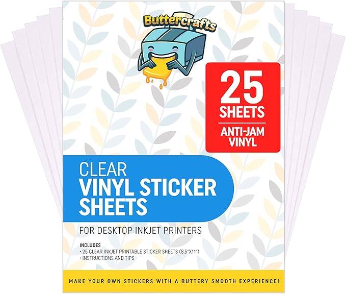 Clear Printable Vinyl for Inkjet Printer - Waterproof, 25 Sheets - Transparent Inkjet Printable Vinyl Sticker Paper Avoid Jams