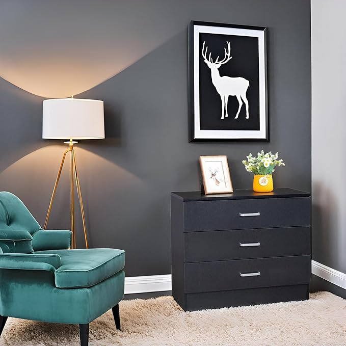 Karl home 3 Drawer Dresser, Modern Storage Chest of Drawers, Wood Bedside Table Night Table for Bedroom,Living Room (Black)