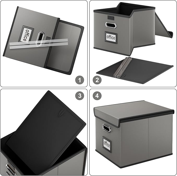 Huolewa Upgraded Portable Leather File Organizer Boxes with Lids, Office Document Boxes Organizer, Filing Boxes, Decorative Small File Boxes for Hanging Files with Plastic Slide for Office/Decor/Home