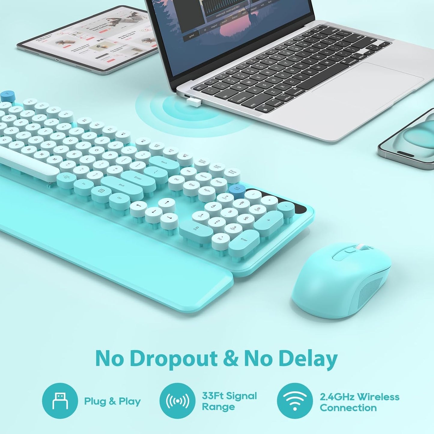 Wireless Keyboard and Mouse Combo, Full-Size Retro Typewriter Keyboard with Detachable Wrist Rest, Round Keycaps, Sleep Mode & Tilt Legs, 2.4GHz Cordless Connection for Windows/PC (Robin Egg Blue)