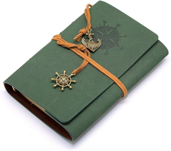 EvZ Leather Writing Journal Notebook, 5 Inches Vintage Nautical Spiral Blank String Diary Notepad Sketchbook Travel to Write in, Unlined Paper, Retro Pendants, Classic Embossed, Dark Green