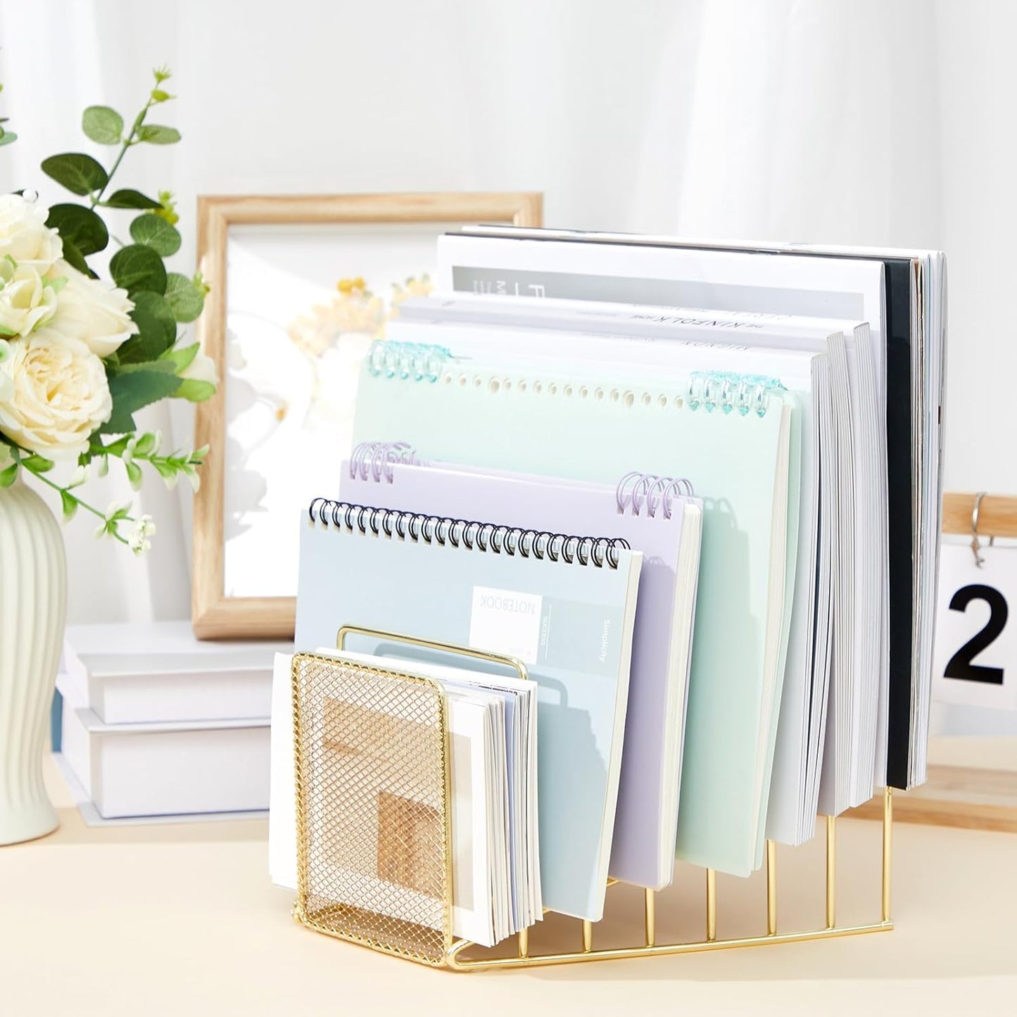 2 Pcs 7 Slot Incline File Sorter Metal Wire Mesh File Racks for Desktop Letter Sorter for Magazine Folder Book Organizer Home Office School Paper Mail Desk Storage Holder(Golden)