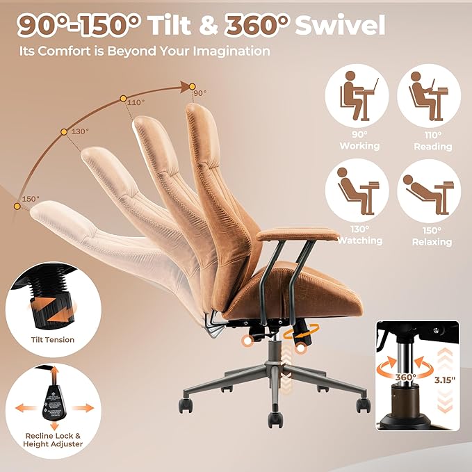 ovios Ergonomic Home Office Chair, Mid-Century Modern Faux Leather Chairs with Padded Armrests, Comfy High Back Swivel Rolling Executive Computer Armchair (Brown, Suede Leather)