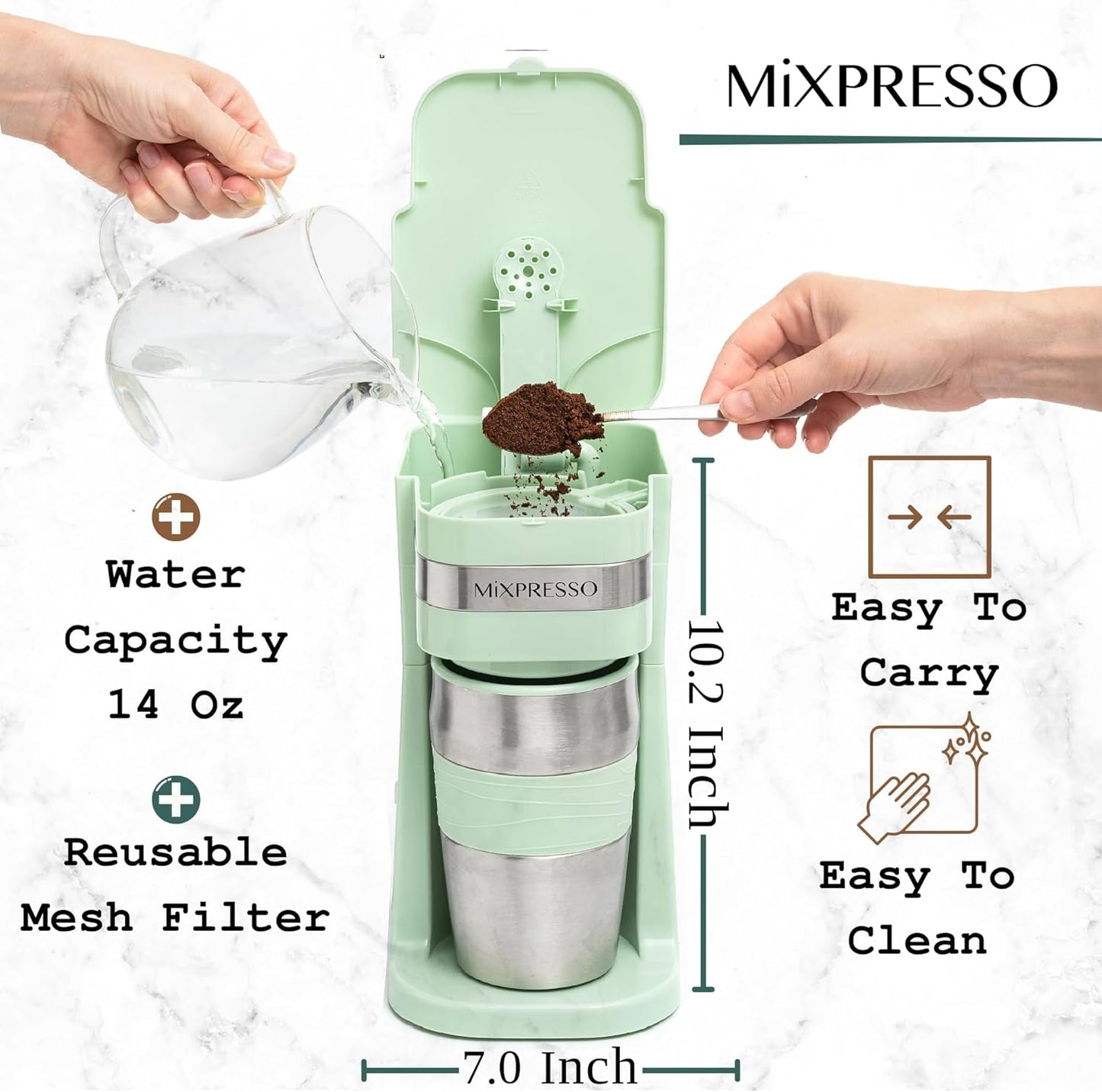 Mixpresso Green Personal Single Serve Coffee Maker with 14oz Travel Mug, Drip Small Coffee Maker with Auto Shut Off, Reusable Filter, Works with Ground Coffee Only – Not for K-Cup Pods