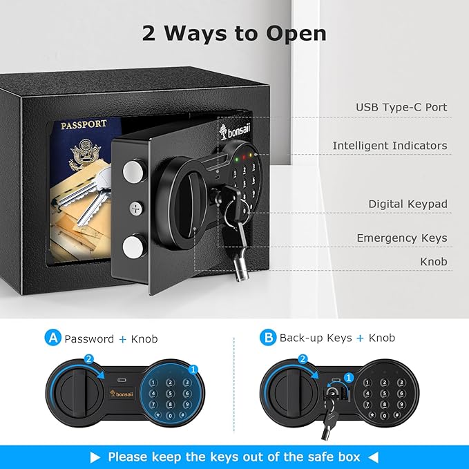 Bonsaii Safe Box with Electronic Keypad, Steel Security Lock Box with Key, 0.23 Cubic Feet, 9.06" W x 6.69" D x 6.69" H, Small Hidden Safe for Cash Jewelry
