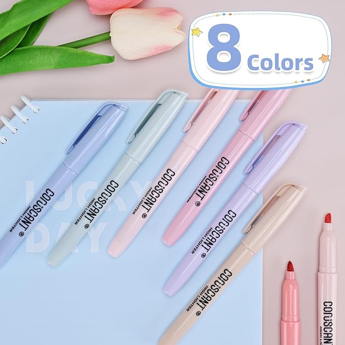 coruscant Pastel Highlighters Set, Assorted Colors Chisel Tip Cute Bible Highlighters, No Bleed Dry Quickly, for Journal Bible Study, Perfect for thin paper, School Office Supplies, 8 Pack