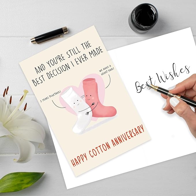 Happy 2nd for Him & Her, Funny 2nd Wedding Card for Women & Men, Cotton Anniversary Greeting Cards for Husband & Wife, Cute 2 Year Anniversary Decorations