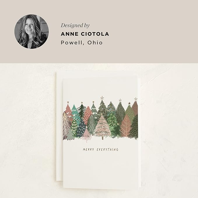 Minted Merry Everything Holiday Cards, 8 Cards with Envelopes, Folded 5x7 Christmas Card with Colorful Hand-Illustrated Christmas Trees, Gold Foil-Pressed, Luxurious Paper, Interior Message Included
