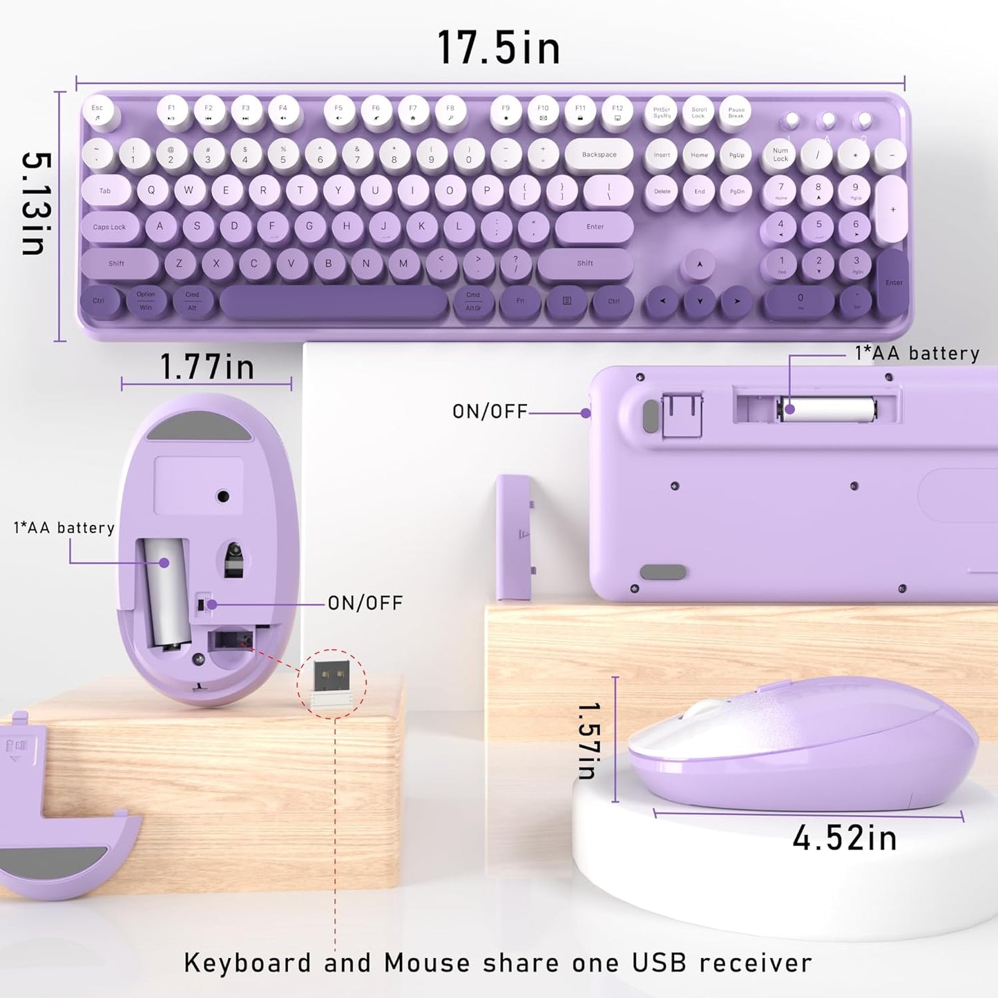 Wireless Keyboard and Mouse, Full-Size Retro Typewriter Keyboard with Round Keycaps, 2.4GHz for Windows, Mac, Laptop, PC, Desktop (Purple Gradient)