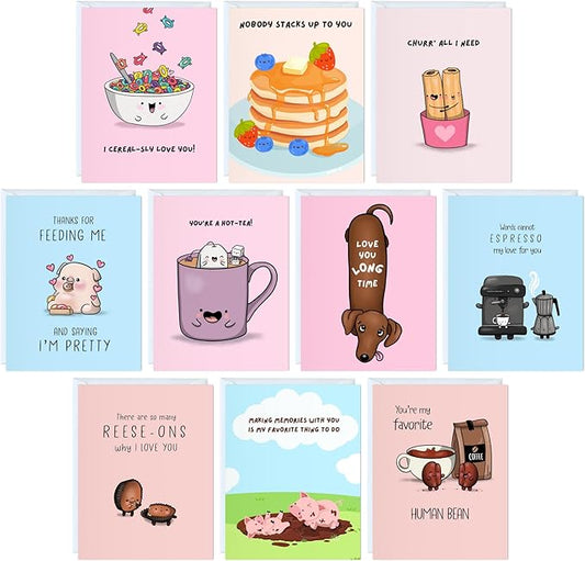 ALY LOU Cute Anniversary Card, Birthday Card for Her Him/Girlfriend Wife/Husband Boyfriend, Friendship Thank You Kawaii Greeting Card (10 CARDS - Boxed Set of 10 Cards - Cute/Funny)
