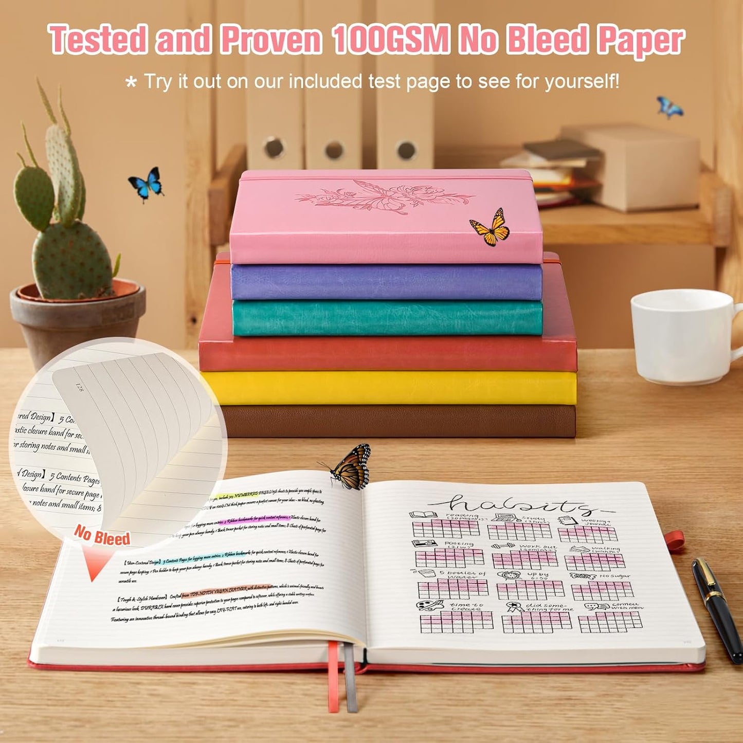 Lined Notebook Journal for Women, 312 Numbered Pages A5 Thick Leather Journal, 100gsm Paper Daily Journal for Work Travel, Hardcover College Ruled Notebook, Giftable Butterfly Floral Notebook, Pink