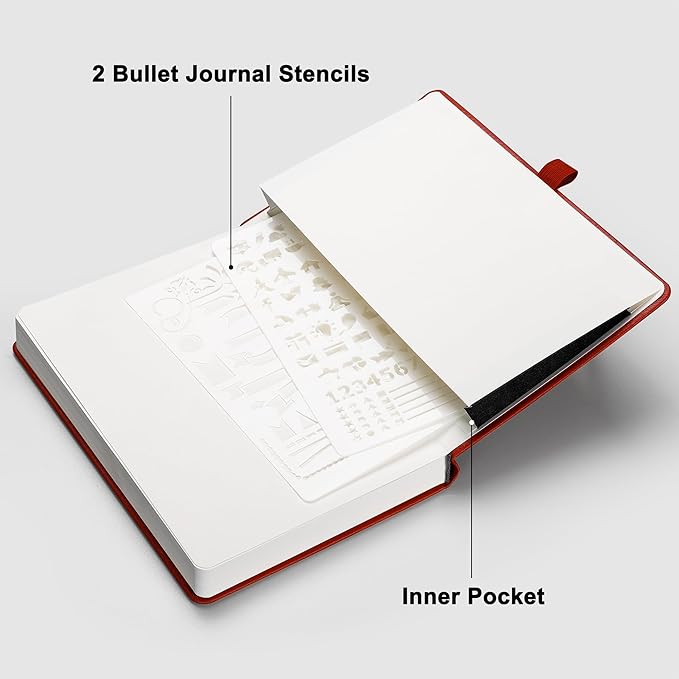 RETTACY Bullet Dotted Journal Notebook, 192 Pages, A5 Medium Size (5.7'' x 8.3''), Leather Hardcover, 100 GSM Thick Paper, for Bullet Journaling, Planning, Tracking (Red)