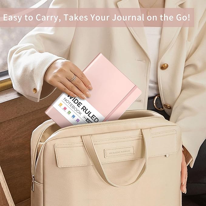 AHGXG Wide Ruled Notebook for School - Lined Journal for Women Men, 192 Numbered Pages, 100 GSM Thick Paper, A5 Hardcover Leather Notebook for Work, Writing, 5.7"×8.3" - Rose Gold